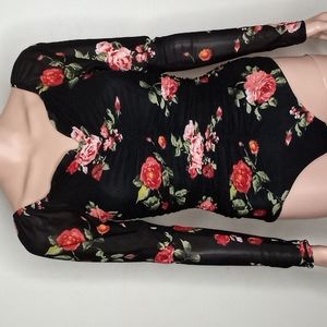 EMBER Black/Red Rose Floral Design Bodysuit Women's Size Small  NWTS